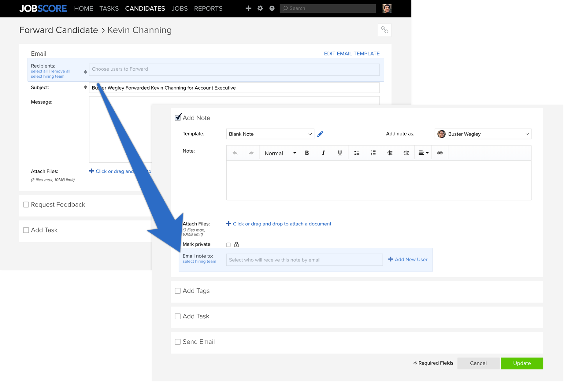 Forward Candidate and Add Note pages side by side