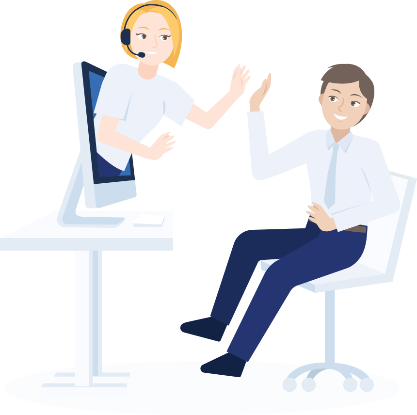 A woman coming out of a computer high fiving a man sitting at a desk | JobScore Applicant Tracking System