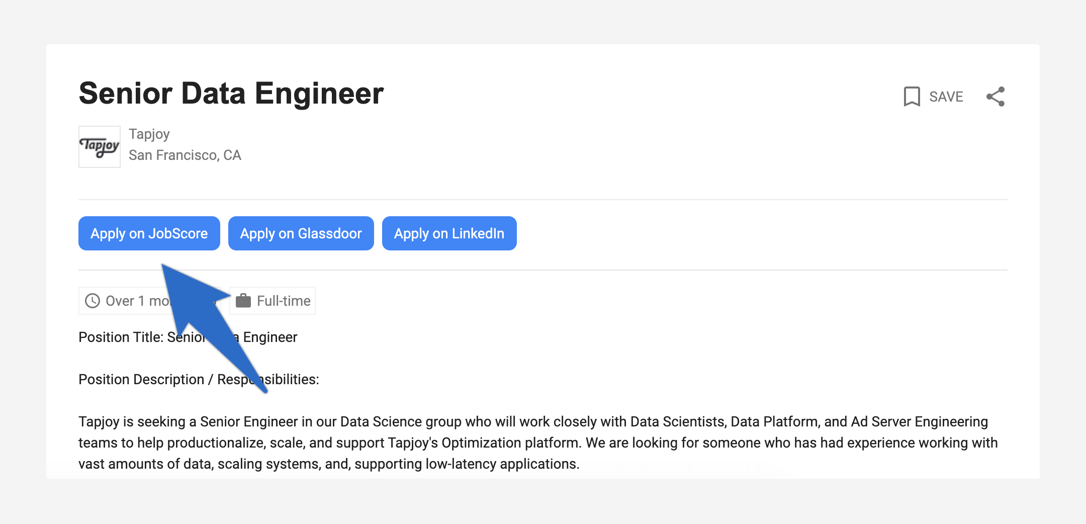 An apply on JobScore button is shown on your job posting on Google for Jobs