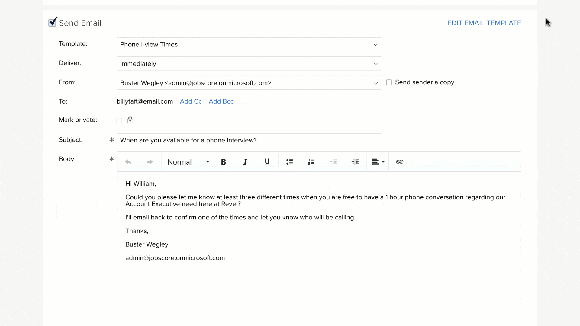 sending an email on candidate action page and filling the bcc
