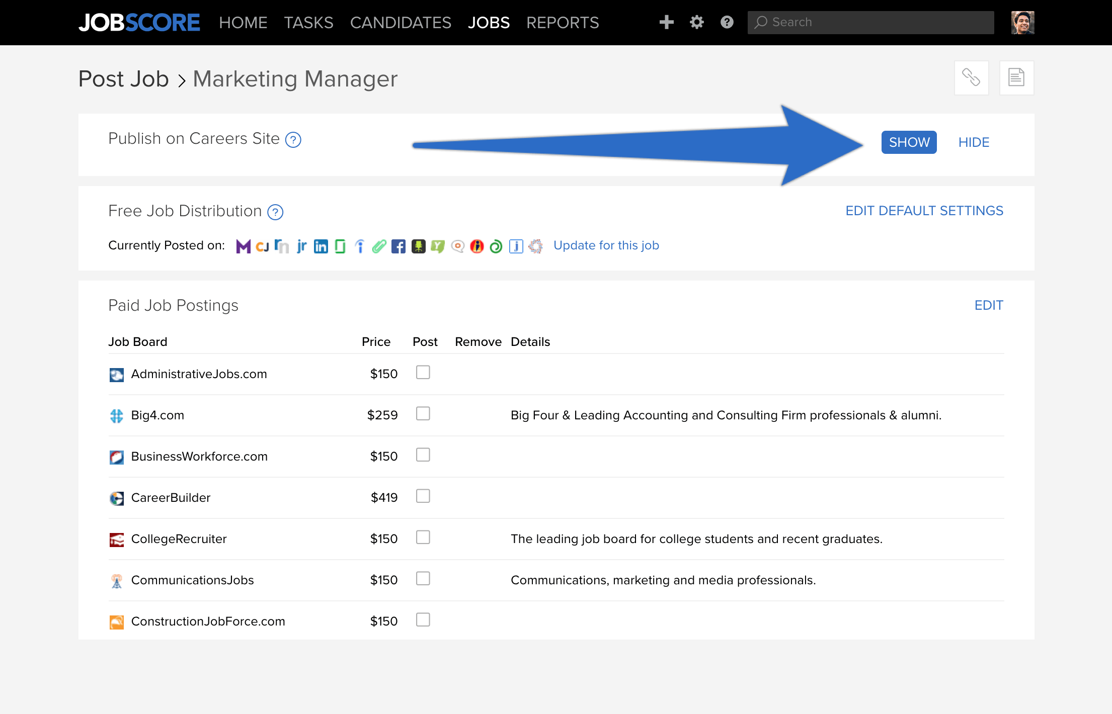 Post Job page with an arrow pointing to the Show and Hide controls for Publish on Careers Site