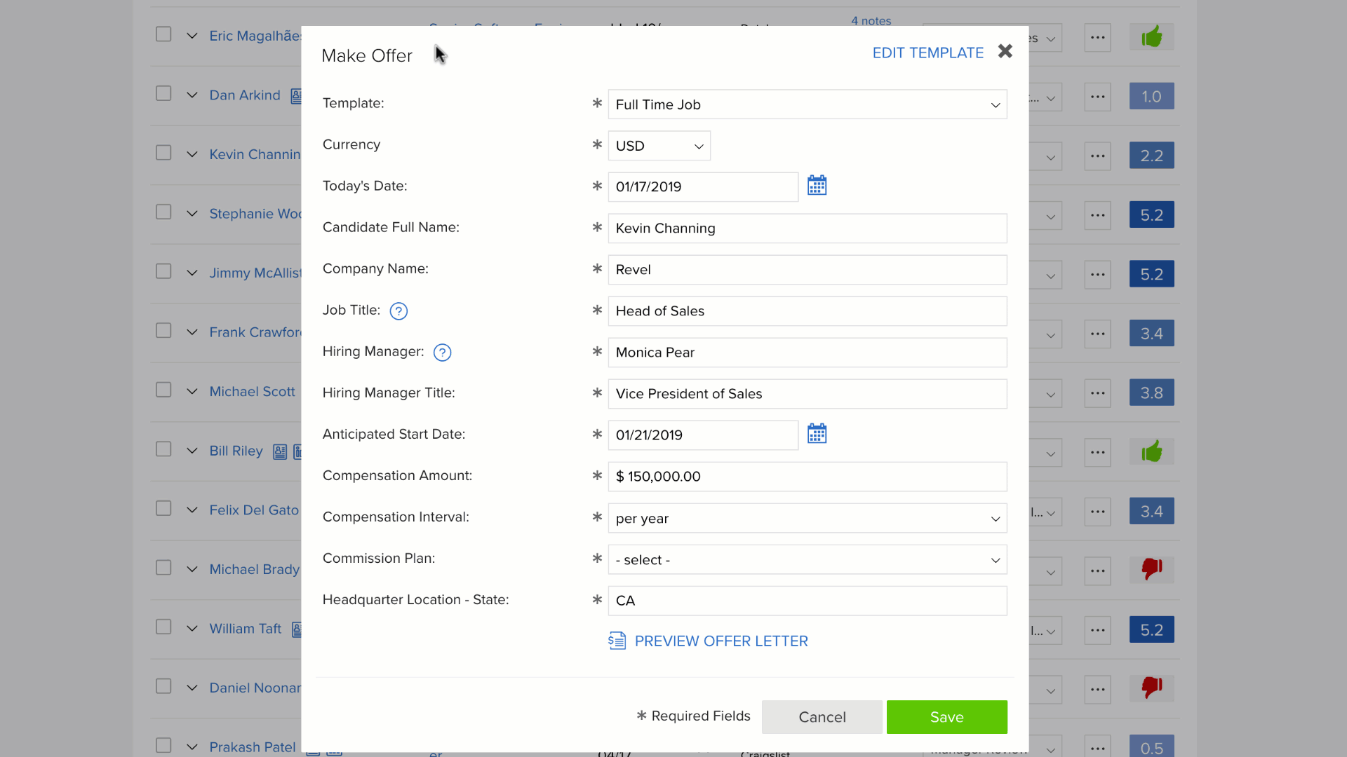 Animated gif of offer form with commission plan area, show user clicking to include, show two fields appear, show user entering values, show user submitting form, show offer letter with commission plan area included with embedded fields