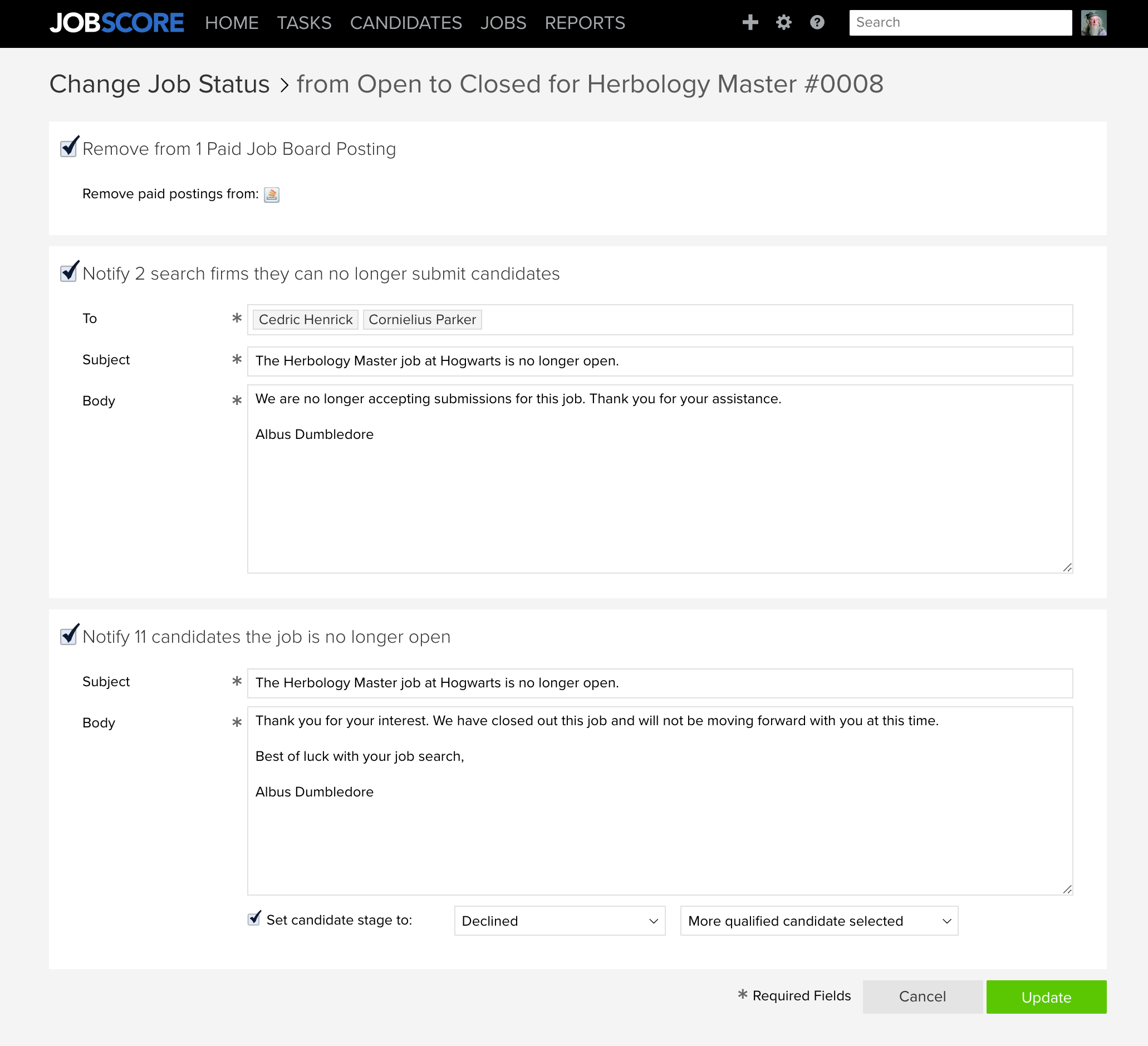 Change Job Status screen with options to remove paid postings and notify search firms and candidates when closing a job